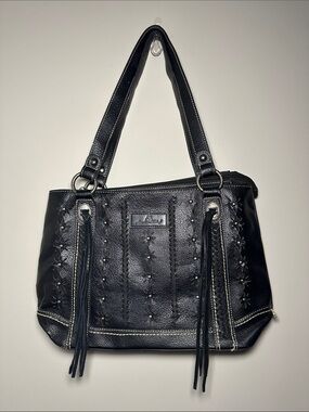 American Bling western Black with silver shoulder Bag with Stud & Tassel Details